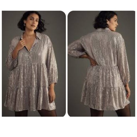 bettina tiered sequin shirt dress Maeve The Bettina Sequin Tiered Mini Shirt Dress by Maeve